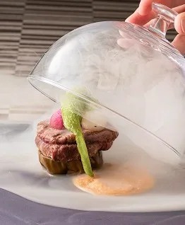 ガラスのドームが開けられ、白いスモークの演出とともに現れる、美しく盛り付けられた肉料理。