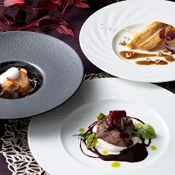 美しい器に洗練された肉料理や魚料理が並ぶ洋食のコースディナー。