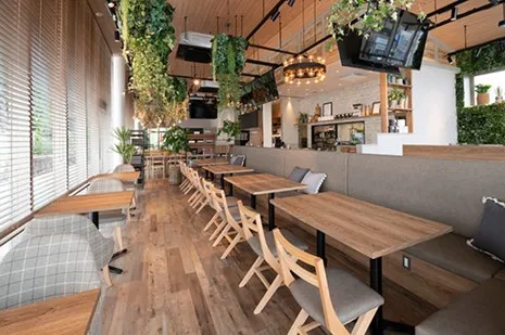 FARMERS GARDEN Cafe オムレットの内観。天井から吊るされたたくさんの観葉植物と、温かみのある木目調のテーブルが並ぶナチュラルな店内。